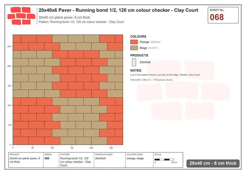 Interlock (Pasco) 20x40 cm · RC24-68 · Running bond 1/2, 120 cm colour checker - Clay Court · Laying plan Interlock (Pasco) 20x40 cm · RC24-68 · Running bond 1/2, 120 cm colour checker - Clay Court · Laying plan