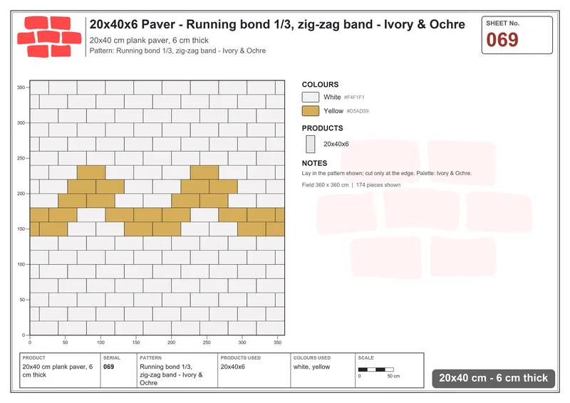 Interlock (Pasco) 20x40 cm · RC24-69 · Running bond 1/3, zig-zag band - Ivory & Ochre · Laying plan Interlock (Pasco) 20x40 cm · RC24-69 · Running bond 1/3, zig-zag band - Ivory & Ochre · Laying plan