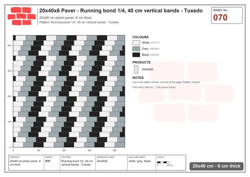Interlock (Pasco) 20x40 cm · RC24-70 · Running bond 1/4, 40 cm vertical bands - Tuxedo · Laying plan Interlock (Pasco) 20x40 cm · RC24-70 · Running bond 1/4, 40 cm vertical bands - Tuxedo · Laying plan
