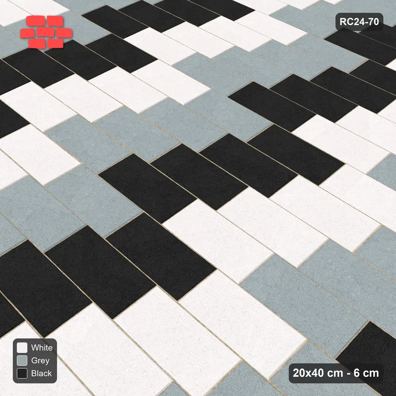 Interlock (Pasco) 20x40 cm · RC24-70 · Running bond 1/4, 40 cm vertical bands - Tuxedo · Side view Interlock (Pasco) 20x40 cm · RC24-70 · Running bond 1/4, 40 cm vertical bands - Tuxedo · Side view