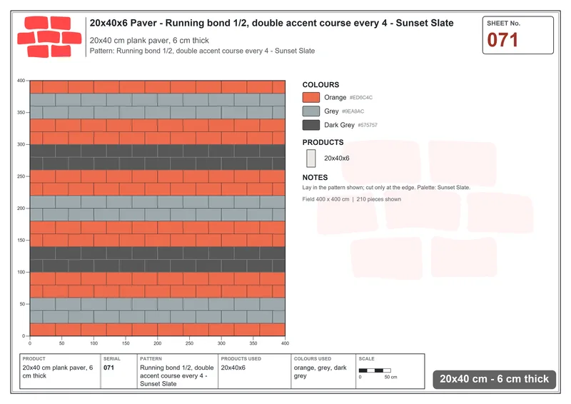 Interlock (Pasco) 20x40 cm · RC24-71 · Running bond 1/2, double accent course every 4 - Sunset Slate · Laying plan Interlock (Pasco) 20x40 cm · RC24-71 · Running bond 1/2, double accent course every 4 - Sunset Slate · Laying plan