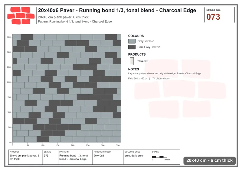 Interlock (Pasco) 20x40 cm · RC24-73 · Running bond 1/3, tonal blend - Charcoal Edge · Laying plan Interlock (Pasco) 20x40 cm · RC24-73 · Running bond 1/3, tonal blend - Charcoal Edge · Laying plan
