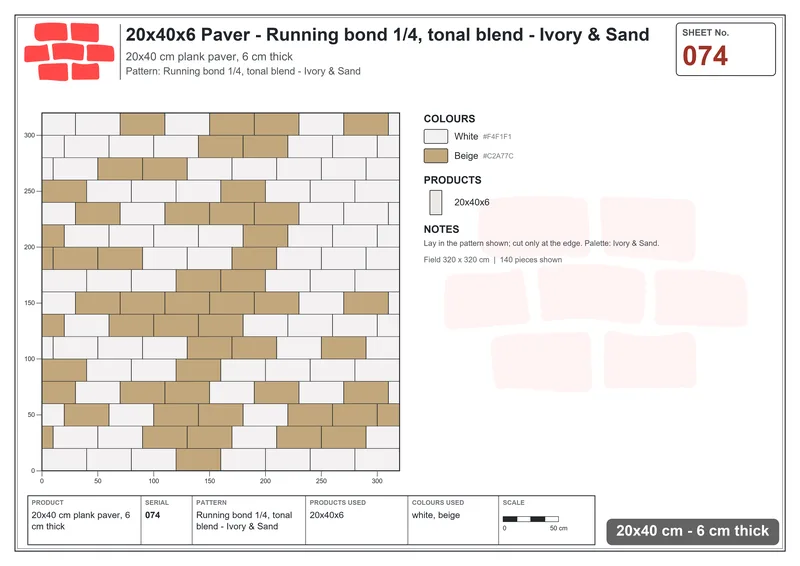 Interlock (Pasco) 20x40 cm · RC24-74 · Running bond 1/4, tonal blend - Ivory & Sand · Laying plan Interlock (Pasco) 20x40 cm · RC24-74 · Running bond 1/4, tonal blend - Ivory & Sand · Laying plan