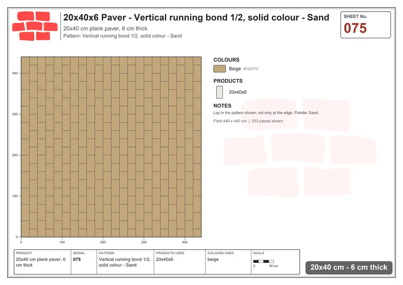 Interlock (Pasco) 20x40 cm · RC24-75 · Vertical running bond 1/2, solid colour - Sand · Laying plan Interlock (Pasco) 20x40 cm · RC24-75 · Vertical running bond 1/2, solid colour - Sand · Laying plan