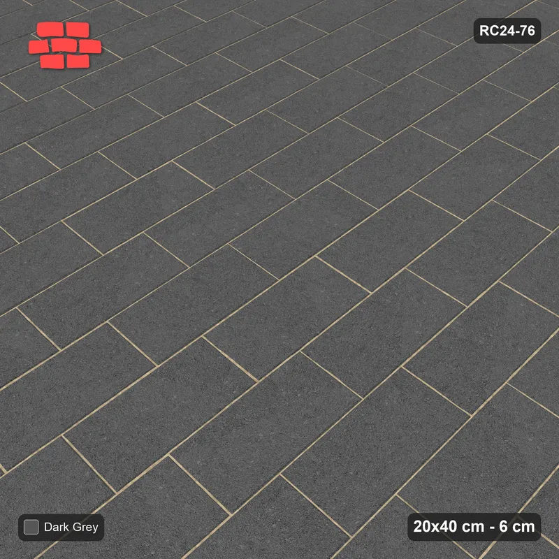 Interlock (Pasco) 20x40 cm · RC24-76 · Vertical running bond 1/3, solid colour - Charcoal · Side view Interlock (Pasco) 20x40 cm · RC24-76 · Vertical running bond 1/3, solid colour - Charcoal · Side view