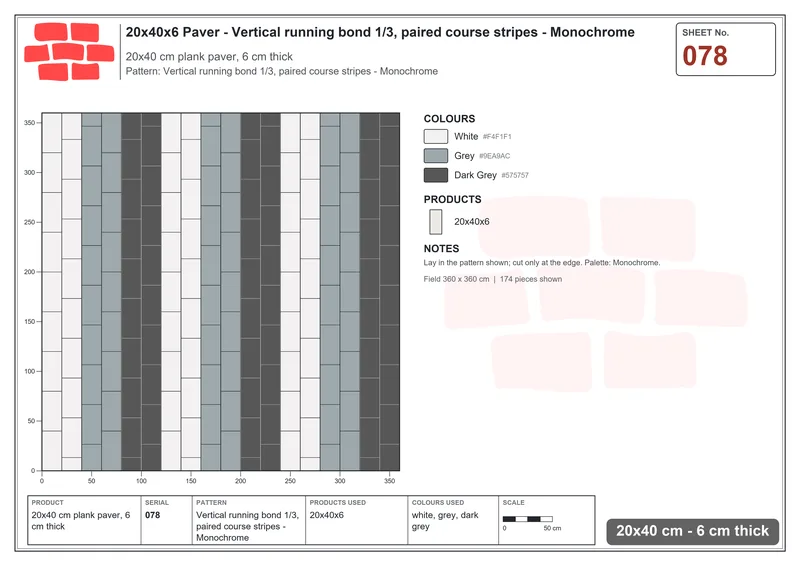 Interlock (Pasco) 20x40 cm · RC24-78 · Vertical running bond 1/3, paired course stripes - Monochrome · Laying plan Interlock (Pasco) 20x40 cm · RC24-78 · Vertical running bond 1/3, paired course stripes - Monochrome · Laying plan