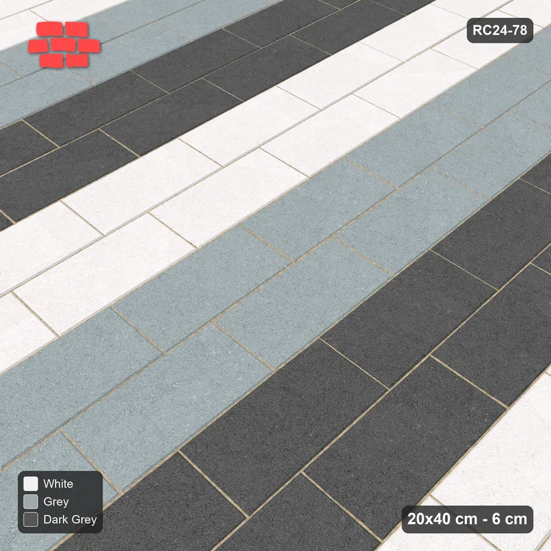 Interlock (Pasco) 20x40 cm · RC24-78 · Vertical running bond 1/3, paired course stripes - Monochrome · Side view Interlock (Pasco) 20x40 cm · RC24-78 · Vertical running bond 1/3, paired course stripes - Monochrome · Side view