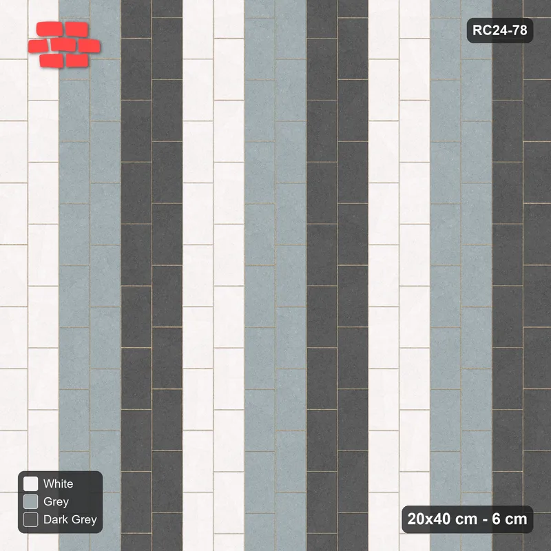 Interlock (Pasco) 20x40 cm · RC24-78 · Vertical running bond 1/3, paired course stripes - Monochrome · Top view Interlock (Pasco) 20x40 cm · RC24-78 · Vertical running bond 1/3, paired course stripes - Monochrome · Top view
