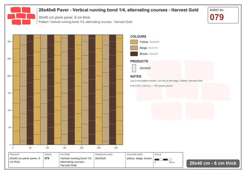 Interlock (Pasco) 20x40 cm · RC24-79 · Vertical running bond 1/4, alternating courses - Harvest Gold · Laying plan Interlock (Pasco) 20x40 cm · RC24-79 · Vertical running bond 1/4, alternating courses - Harvest Gold · Laying plan