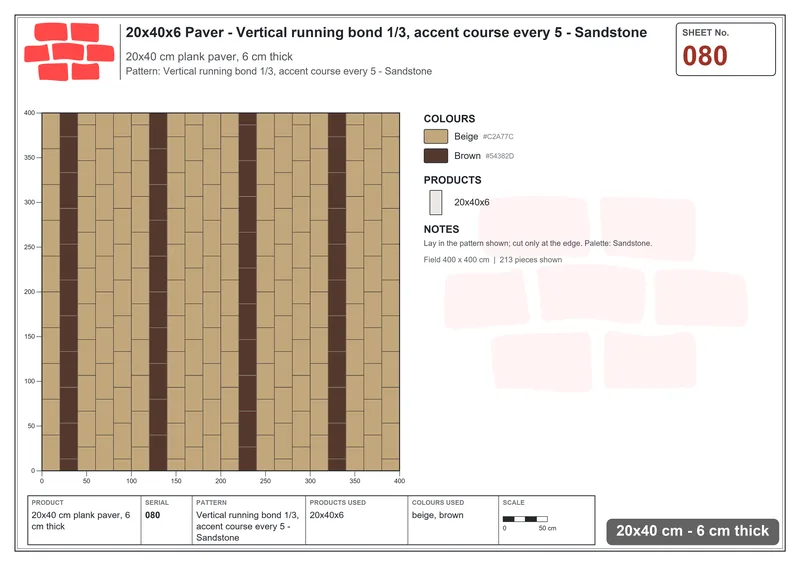 Interlock (Pasco) 20x40 cm · RC24-80 · Vertical running bond 1/3, accent course every 5 - Sandstone · Laying plan Interlock (Pasco) 20x40 cm · RC24-80 · Vertical running bond 1/3, accent course every 5 - Sandstone · Laying plan