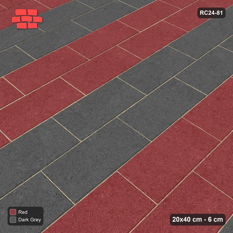 Interlock (Pasco) 20x40 cm · RC24-81 · Vertical running bond 1/2, 40 cm vertical bands - Rust & Charcoal · Side view Interlock (Pasco) 20x40 cm · RC24-81 · Vertical running bond 1/2, 40 cm vertical bands - Rust & Charcoal · Side view