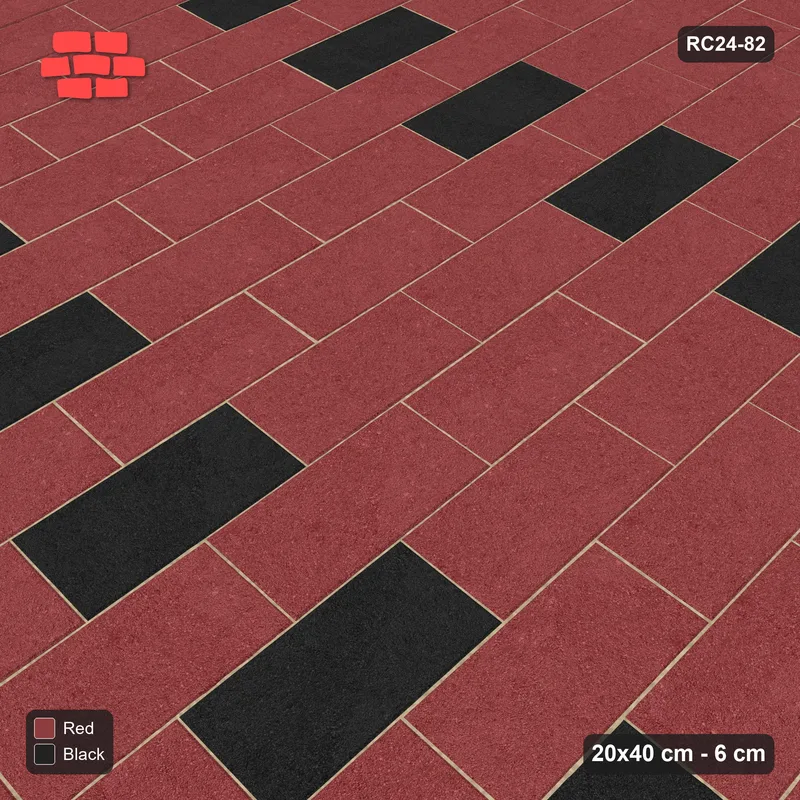 Interlock (Pasco) 20x40 cm · RC24-82 · Vertical running bond 1/2, accent bricks on a regular grid - Red & Black · Side view Interlock (Pasco) 20x40 cm · RC24-82 · Vertical running bond 1/2, accent bricks on a regular grid - Red & Black · Side view