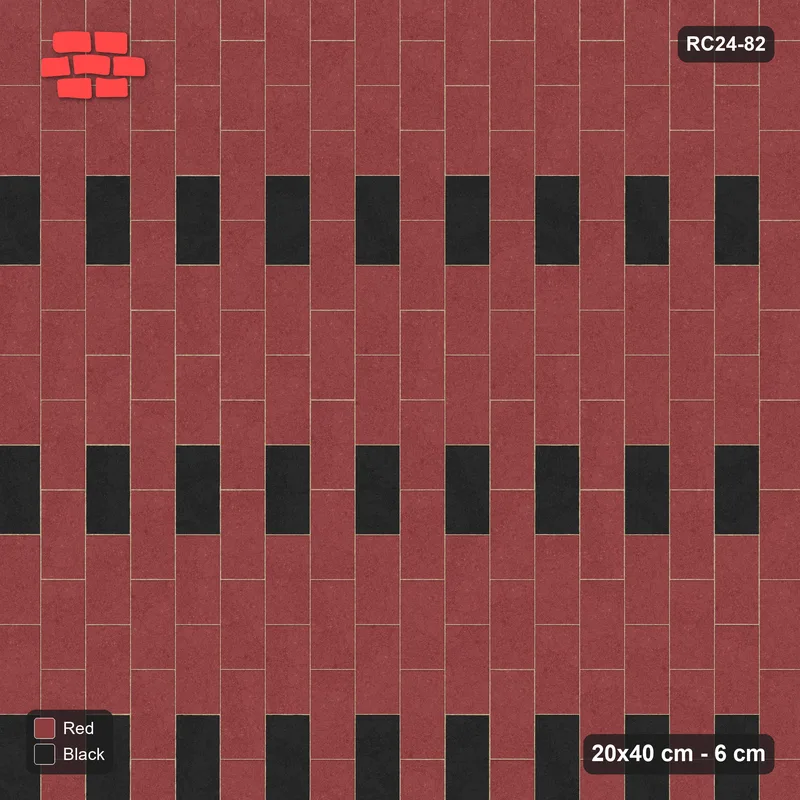 Interlock (Pasco) 20x40 cm · RC24-82 · Vertical running bond 1/2, accent bricks on a regular grid - Red & Black · Top view Interlock (Pasco) 20x40 cm · RC24-82 · Vertical running bond 1/2, accent bricks on a regular grid - Red & Black · Top view
