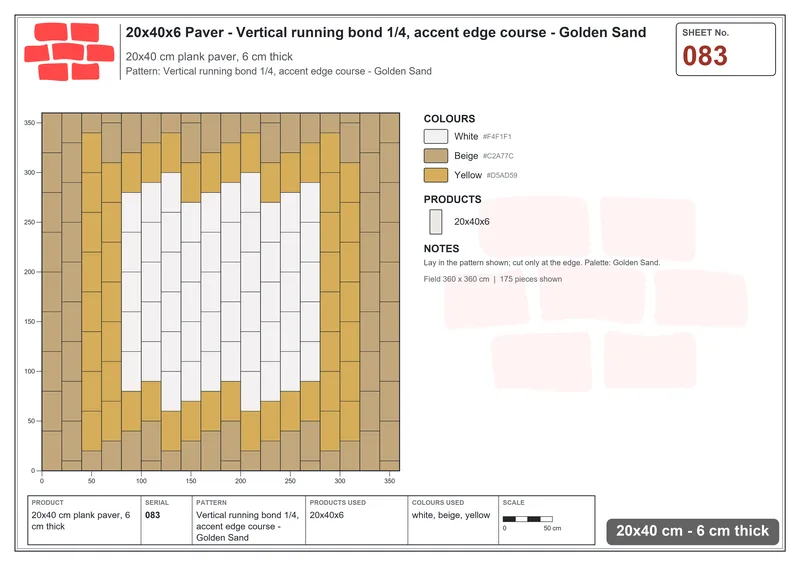 Interlock (Pasco) 20x40 cm · RC24-83 · Vertical running bond 1/4, accent edge course - Golden Sand · Laying plan Interlock (Pasco) 20x40 cm · RC24-83 · Vertical running bond 1/4, accent edge course - Golden Sand · Laying plan