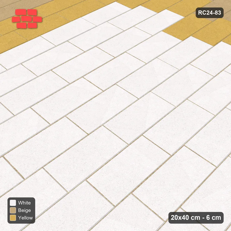 Interlock (Pasco) 20x40 cm · RC24-83 · Vertical running bond 1/4, accent edge course - Golden Sand · Side view Interlock (Pasco) 20x40 cm · RC24-83 · Vertical running bond 1/4, accent edge course - Golden Sand · Side view