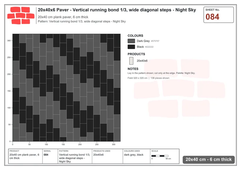 Interlock (Pasco) 20x40 cm · RC24-84 · Vertical running bond 1/3, wide diagonal steps - Night Sky · Laying plan Interlock (Pasco) 20x40 cm · RC24-84 · Vertical running bond 1/3, wide diagonal steps - Night Sky · Laying plan