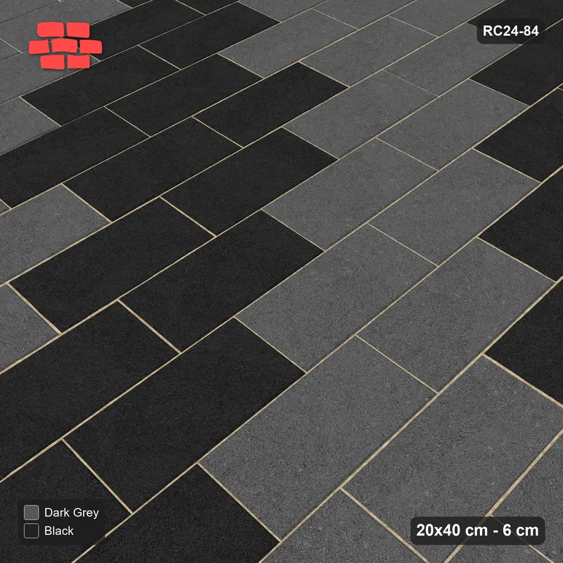 Interlock (Pasco) 20x40 cm · RC24-84 · Vertical running bond 1/3, wide diagonal steps - Night Sky · Side view Interlock (Pasco) 20x40 cm · RC24-84 · Vertical running bond 1/3, wide diagonal steps - Night Sky · Side view