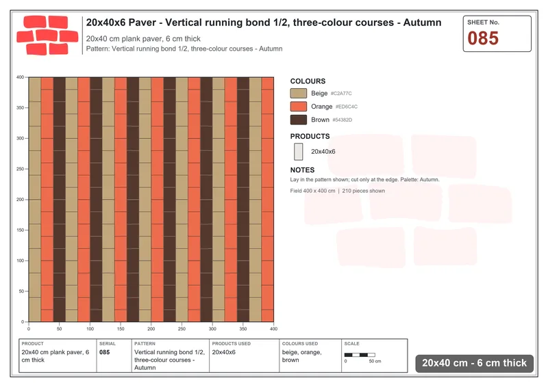 Interlock (Pasco) 20x40 cm · RC24-85 · Vertical running bond 1/2, three-colour courses - Autumn · Laying plan Interlock (Pasco) 20x40 cm · RC24-85 · Vertical running bond 1/2, three-colour courses - Autumn · Laying plan