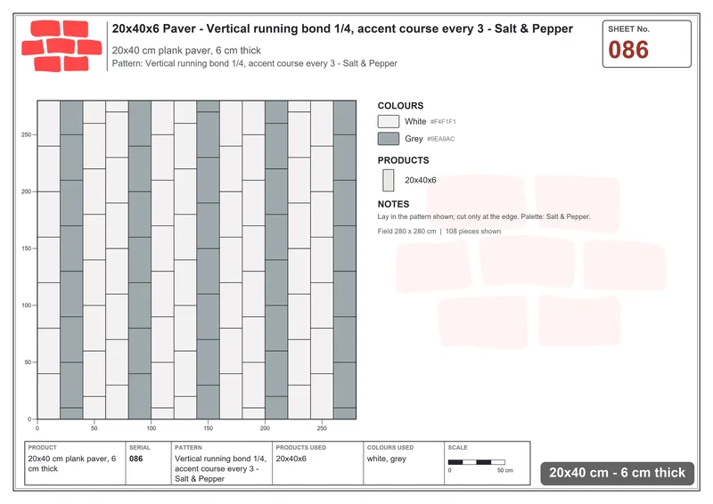 Interlock (Pasco) 20x40 cm · RC24-86 · Vertical running bond 1/4, accent course every 3 - Salt & Pepper · Laying plan Interlock (Pasco) 20x40 cm · RC24-86 · Vertical running bond 1/4, accent course every 3 - Salt & Pepper · Laying plan