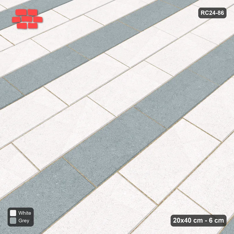 Interlock (Pasco) 20x40 cm · RC24-86 · Vertical running bond 1/4, accent course every 3 - Salt & Pepper · Side view Interlock (Pasco) 20x40 cm · RC24-86 · Vertical running bond 1/4, accent course every 3 - Salt & Pepper · Side view