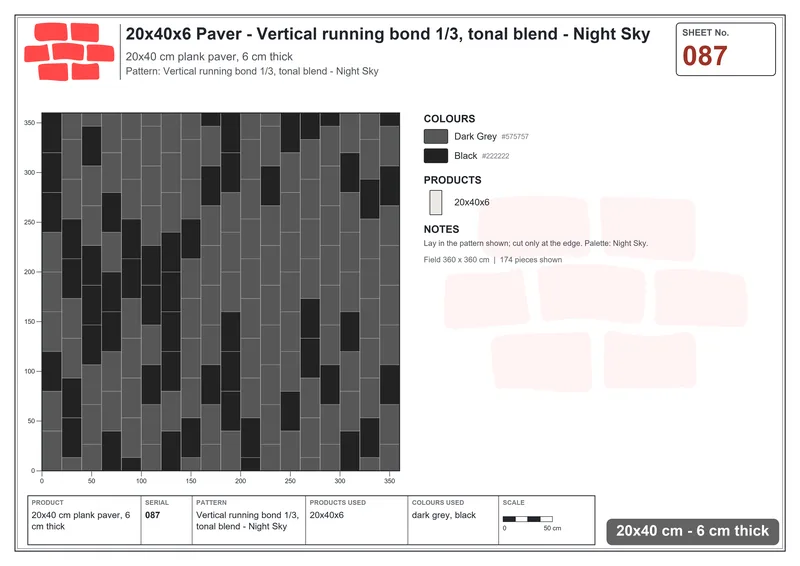 Interlock (Pasco) 20x40 cm · RC24-87 · Vertical running bond 1/3, tonal blend - Night Sky · Laying plan Interlock (Pasco) 20x40 cm · RC24-87 · Vertical running bond 1/3, tonal blend - Night Sky · Laying plan