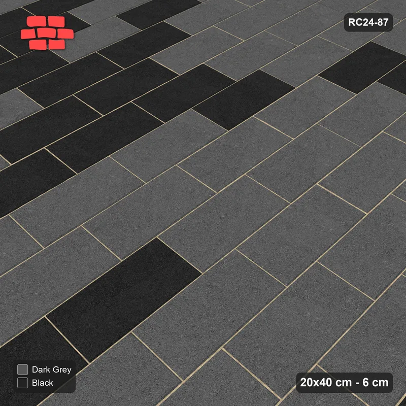 Interlock (Pasco) 20x40 cm · RC24-87 · Vertical running bond 1/3, tonal blend - Night Sky · Side view Interlock (Pasco) 20x40 cm · RC24-87 · Vertical running bond 1/3, tonal blend - Night Sky · Side view