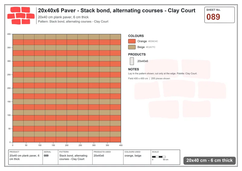Interlock (Pasco) 20x40 cm · RC24-89 · Stack bond, alternating courses - Clay Court · Laying plan Interlock (Pasco) 20x40 cm · RC24-89 · Stack bond, alternating courses - Clay Court · Laying plan