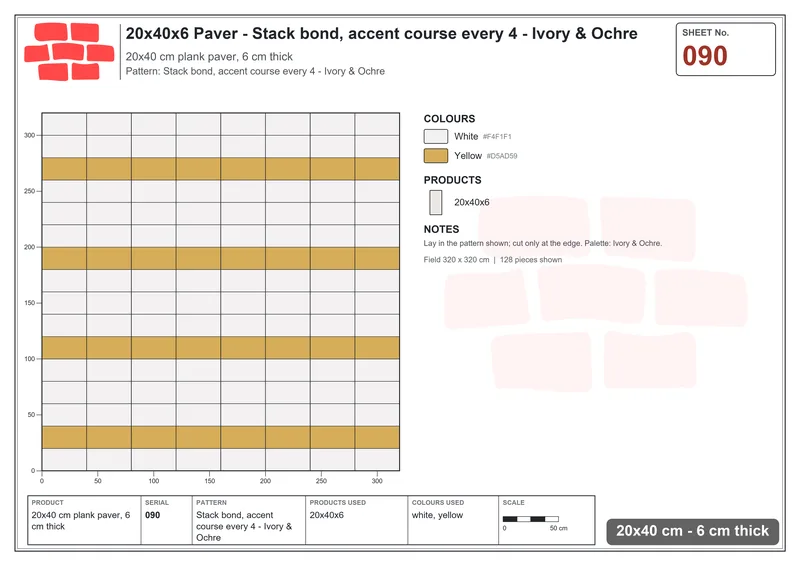Interlock (Pasco) 20x40 cm · RC24-90 · Stack bond, accent course every 4 - Ivory & Ochre · Laying plan Interlock (Pasco) 20x40 cm · RC24-90 · Stack bond, accent course every 4 - Ivory & Ochre · Laying plan