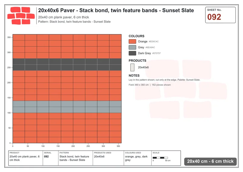 Interlock (Pasco) 20x40 cm · RC24-92 · Stack bond, twin feature bands - Sunset Slate · Laying plan Interlock (Pasco) 20x40 cm · RC24-92 · Stack bond, twin feature bands - Sunset Slate · Laying plan