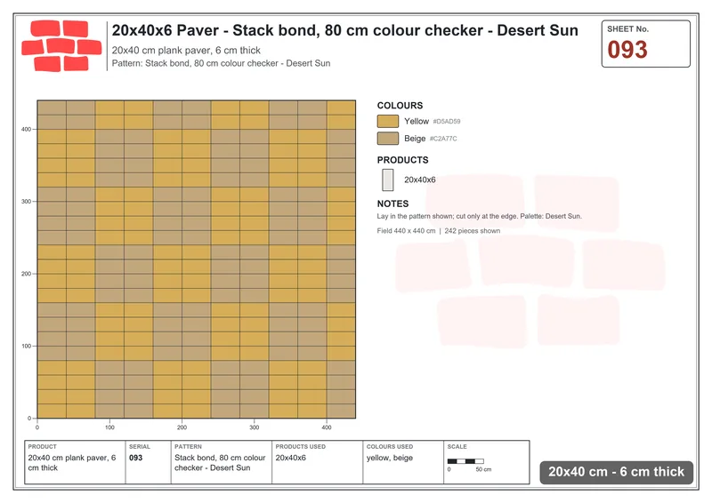 Interlock (Pasco) 20x40 cm · RC24-93 · Stack bond, 80 cm colour checker - Desert Sun · Laying plan Interlock (Pasco) 20x40 cm · RC24-93 · Stack bond, 80 cm colour checker - Desert Sun · Laying plan