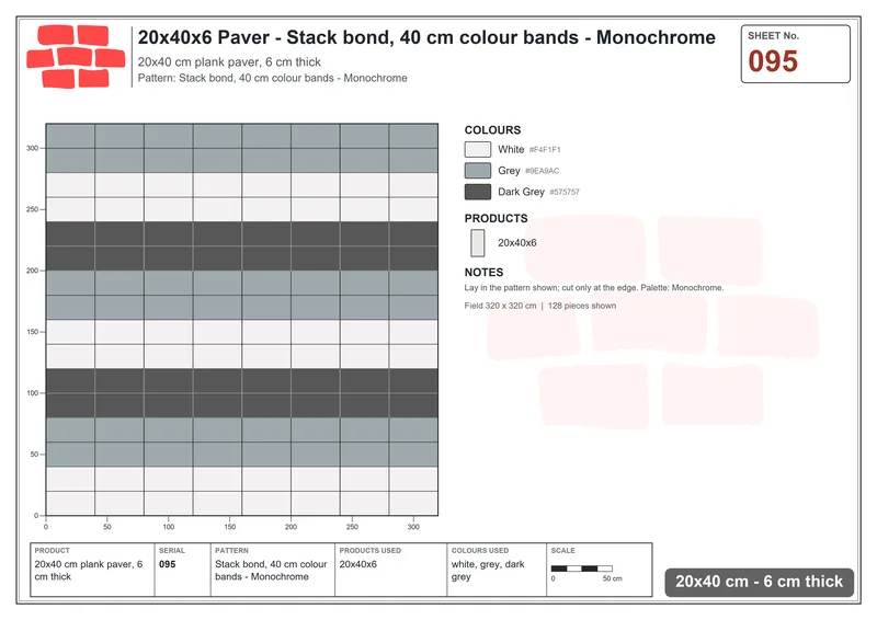 Interlock (Pasco) 20x40 cm · RC24-95 · Stack bond, 40 cm colour bands - Monochrome · Laying plan Interlock (Pasco) 20x40 cm · RC24-95 · Stack bond, 40 cm colour bands - Monochrome · Laying plan