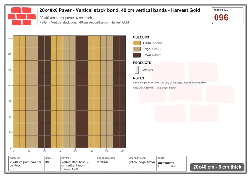 Interlock (Pasco) 20x40 cm · RC24-96 · Vertical stack bond, 40 cm vertical bands - Harvest Gold · Laying plan Interlock (Pasco) 20x40 cm · RC24-96 · Vertical stack bond, 40 cm vertical bands - Harvest Gold · Laying plan
