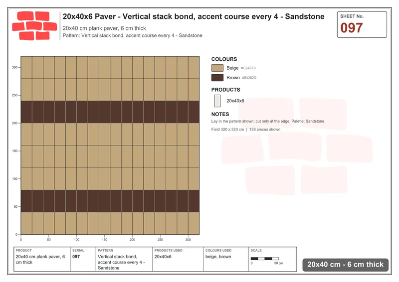 Interlock (Pasco) 20x40 cm · RC24-97 · Vertical stack bond, accent course every 4 - Sandstone · Laying plan Interlock (Pasco) 20x40 cm · RC24-97 · Vertical stack bond, accent course every 4 - Sandstone · Laying plan