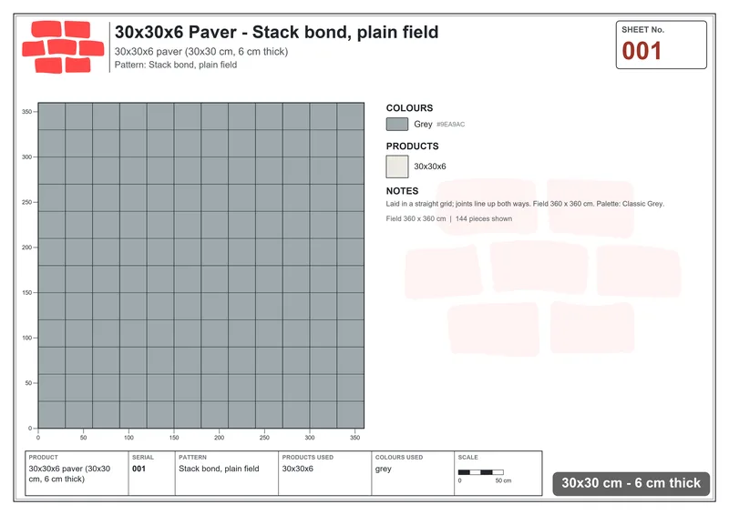 Interlock (Pasco) 30x30 cm · SQ33-1 · Stack bond, plain field · Laying plan Interlock (Pasco) 30x30 cm · SQ33-1 · Stack bond, plain field · Laying plan