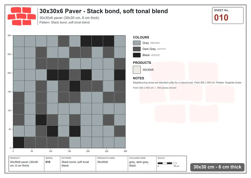 Interlock (Pasco) 30x30 cm · SQ33-10 · Stack bond, soft tonal blend · Laying plan Interlock (Pasco) 30x30 cm · SQ33-10 · Stack bond, soft tonal blend · Laying plan