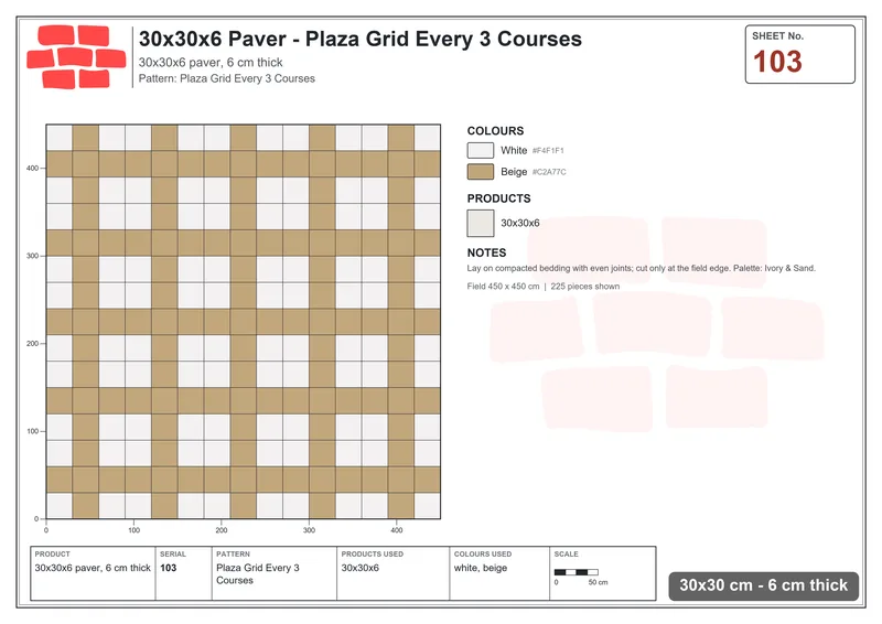 Interlock (Pasco) 30x30 cm · SQ33-103 · Plaza Grid Every 3 Courses · Laying plan Interlock (Pasco) 30x30 cm · SQ33-103 · Plaza Grid Every 3 Courses · Laying plan