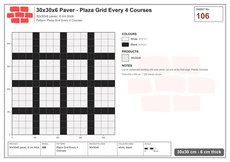 Interlock (Pasco) 30x30 cm · SQ33-106 · Plaza Grid Every 4 Courses · Laying plan Interlock (Pasco) 30x30 cm · SQ33-106 · Plaza Grid Every 4 Courses · Laying plan