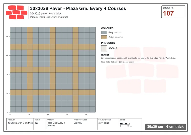 Interlock (Pasco) 30x30 cm · SQ33-107 · Plaza Grid Every 4 Courses · Laying plan Interlock (Pasco) 30x30 cm · SQ33-107 · Plaza Grid Every 4 Courses · Laying plan