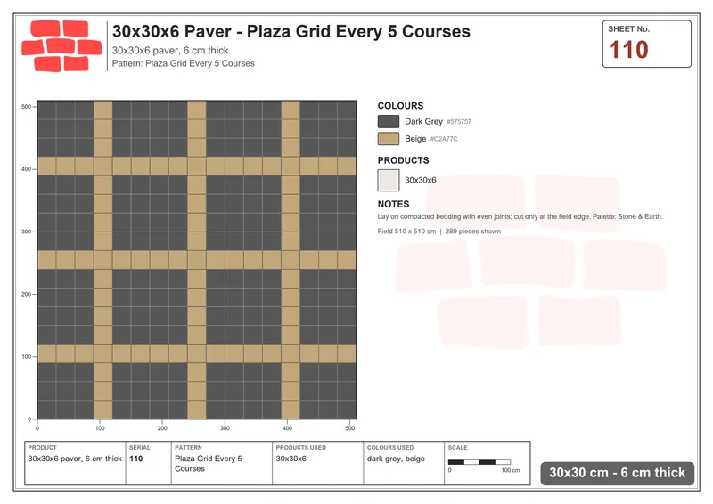 Interlock (Pasco) 30x30 cm · SQ33-110 · Plaza Grid Every 5 Courses · Laying plan Interlock (Pasco) 30x30 cm · SQ33-110 · Plaza Grid Every 5 Courses · Laying plan