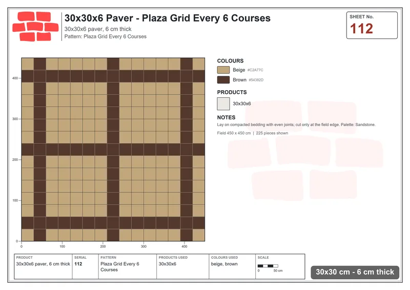 Interlock (Pasco) 30x30 cm · SQ33-112 · Plaza Grid Every 6 Courses · Laying plan Interlock (Pasco) 30x30 cm · SQ33-112 · Plaza Grid Every 6 Courses · Laying plan