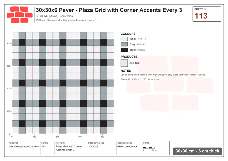 Interlock (Pasco) 30x30 cm · SQ33-113 · Plaza Grid with Corner Accents Every 3 · Laying plan Interlock (Pasco) 30x30 cm · SQ33-113 · Plaza Grid with Corner Accents Every 3 · Laying plan