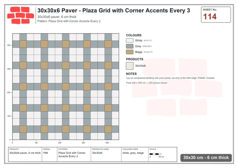 Interlock (Pasco) 30x30 cm · SQ33-114 · Plaza Grid with Corner Accents Every 3 · Laying plan Interlock (Pasco) 30x30 cm · SQ33-114 · Plaza Grid with Corner Accents Every 3 · Laying plan