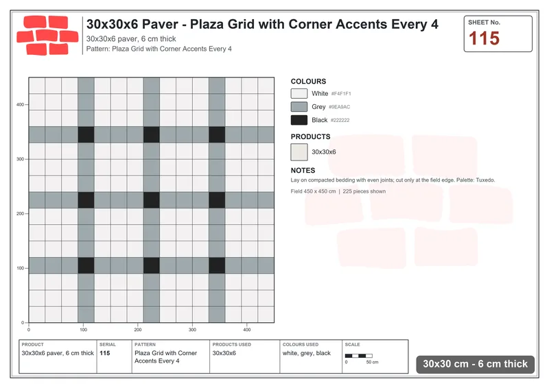Interlock (Pasco) 30x30 cm · SQ33-115 · Plaza Grid with Corner Accents Every 4 · Laying plan Interlock (Pasco) 30x30 cm · SQ33-115 · Plaza Grid with Corner Accents Every 4 · Laying plan