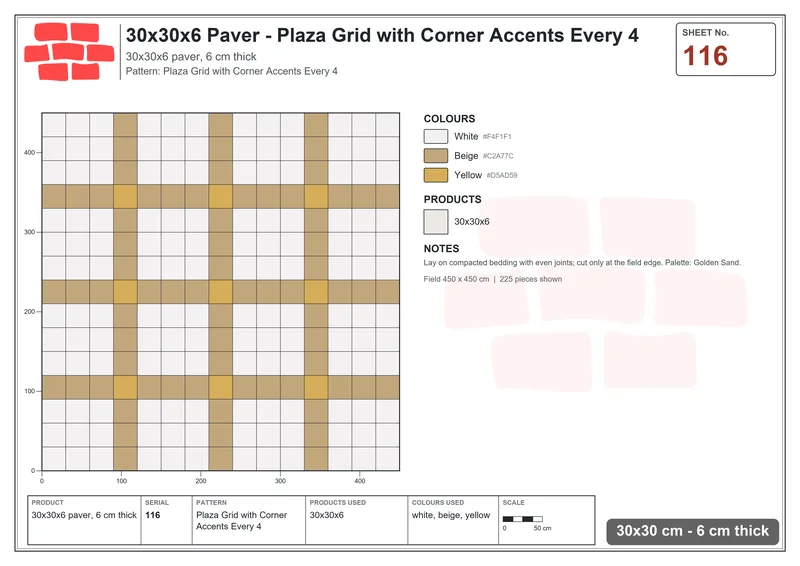 Interlock (Pasco) 30x30 cm · SQ33-116 · Plaza Grid with Corner Accents Every 4 · Laying plan Interlock (Pasco) 30x30 cm · SQ33-116 · Plaza Grid with Corner Accents Every 4 · Laying plan
