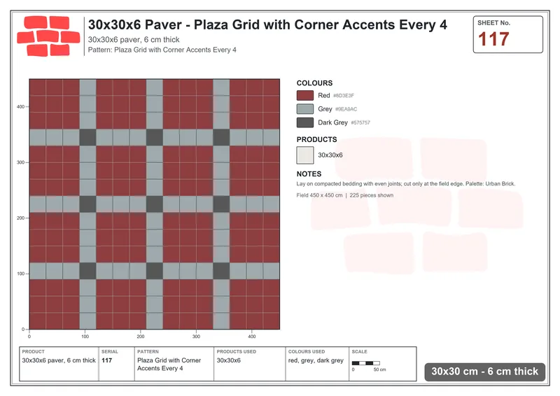 Interlock (Pasco) 30x30 cm · SQ33-117 · Plaza Grid with Corner Accents Every 4 · Laying plan Interlock (Pasco) 30x30 cm · SQ33-117 · Plaza Grid with Corner Accents Every 4 · Laying plan