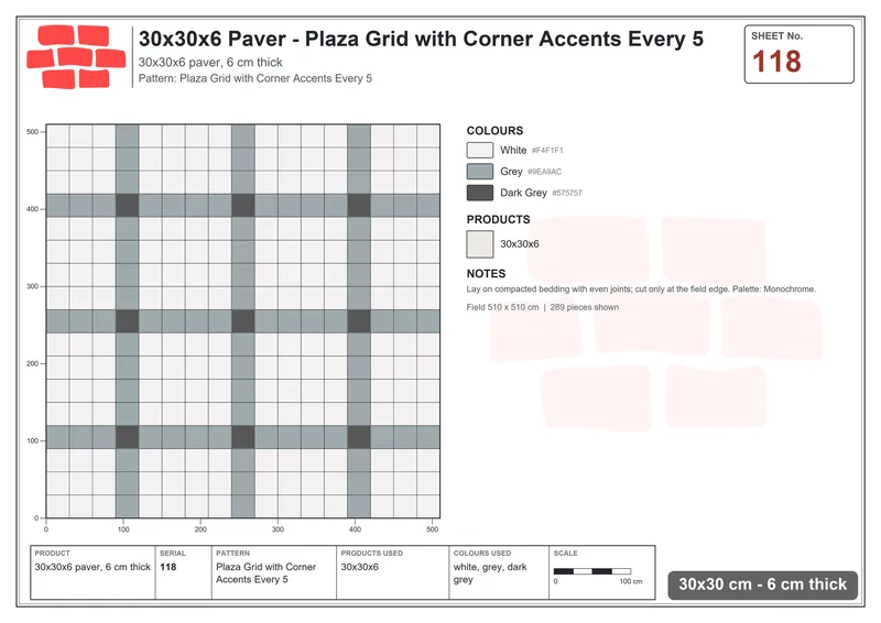Interlock (Pasco) 30x30 cm · SQ33-118 · Plaza Grid with Corner Accents Every 5 · Laying plan Interlock (Pasco) 30x30 cm · SQ33-118 · Plaza Grid with Corner Accents Every 5 · Laying plan