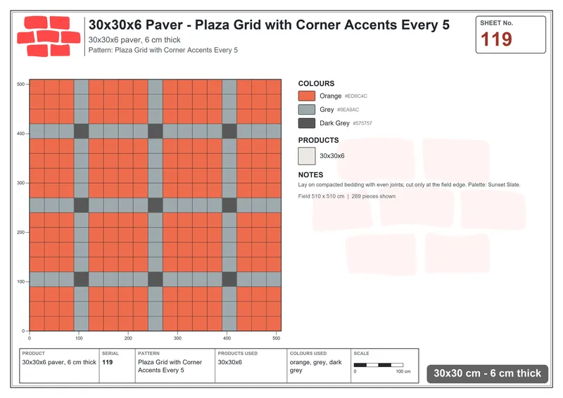 Interlock (Pasco) 30x30 cm · SQ33-119 · Plaza Grid with Corner Accents Every 5 · Laying plan Interlock (Pasco) 30x30 cm · SQ33-119 · Plaza Grid with Corner Accents Every 5 · Laying plan