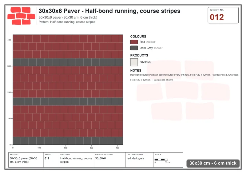 Interlock (Pasco) 30x30 cm · SQ33-12 · Half-bond running, course stripes · Laying plan Interlock (Pasco) 30x30 cm · SQ33-12 · Half-bond running, course stripes · Laying plan