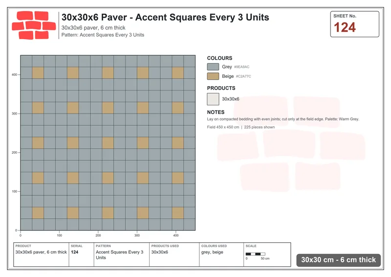 Interlock (Pasco) 30x30 cm · SQ33-124 · Accent Squares Every 3 Units · Laying plan Interlock (Pasco) 30x30 cm · SQ33-124 · Accent Squares Every 3 Units · Laying plan