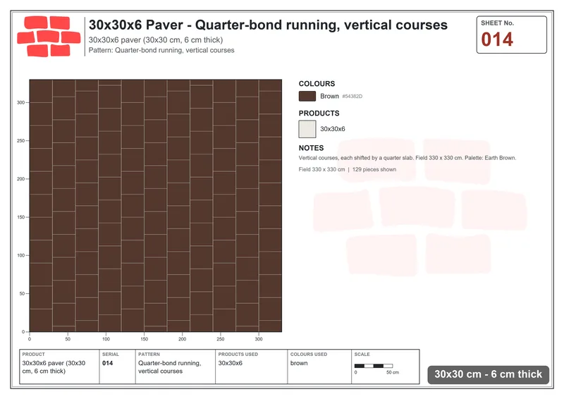 Interlock (Pasco) 30x30 cm · SQ33-14 · Quarter-bond running, vertical courses · Laying plan Interlock (Pasco) 30x30 cm · SQ33-14 · Quarter-bond running, vertical courses · Laying plan